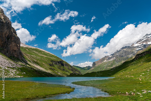 Serene beauty of Savoie in the French Alps with this stunning photograph. Featuring lush green meadows, a winding stream, and towering snow-capped peaks against a clear blue sky