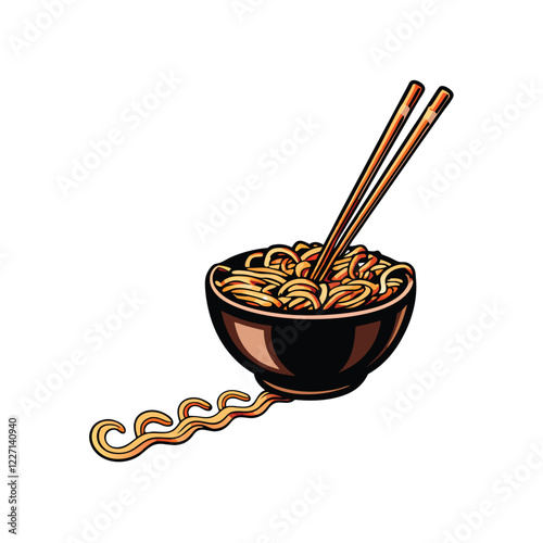 A steaming bowl of noodles, garnished with fresh herbs, accompanied by chopsticks, and a stylized trail of sauce or broth leading to the bowl.  High-resolution, vibrant colors.