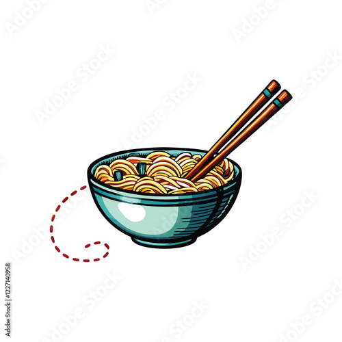 A steaming bowl of noodles with chopsticks, a trail of spilled noodles leading to it, creating a visually appealing and appetizing food scene.