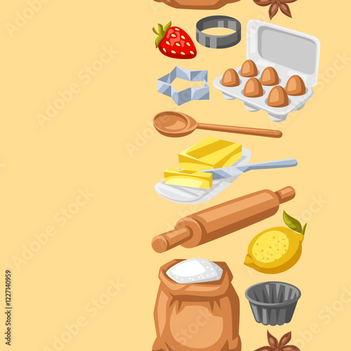 Pattern with bakery utensils. Cooking tools for home and recipe items.