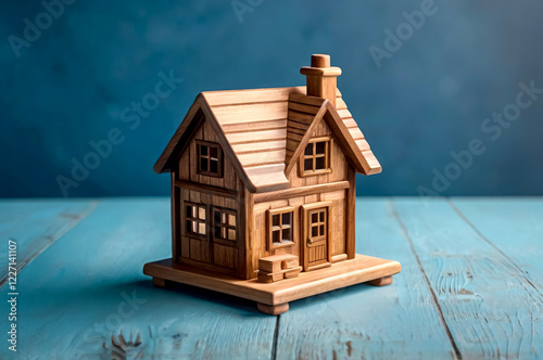 Handmade Wooden House Toy with Blue Details on a Dark Background photo