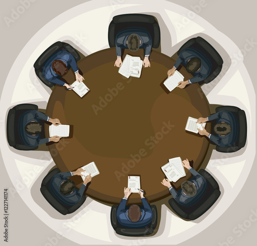 collegues bussines man sitting by big round table conference meeting boss room lawyers, stock business company team illustration