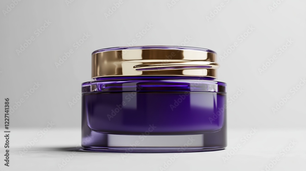 Design a 3D mockup of a luxurious night cream jar with a rich purple color and gold accents. The jar should be modern and sleek, displayed in ultra HD, 8K resolution, with a simple background Design a 3D mockup of a luxurious night cream jar with a rich purple color and gold accents. The jar should be modern and sleek, displayed in ultra HD, 8K resolution, with a simple background
