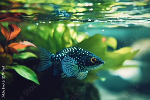 Close-up of pleco fish grazing on tank glass, detailed patterns and clean water, vibrant aquatic plants in background and professional freshwater setting photo