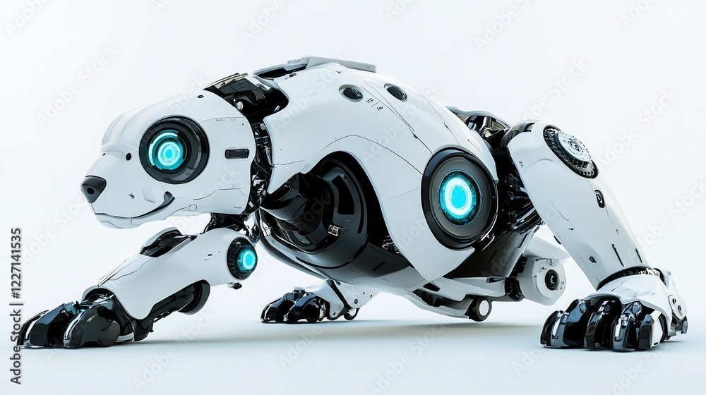 Obraz premium Robotic dog crouching, studio, white background, futuristic tech