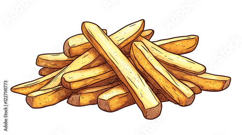 Fresh French fries Roasted potato chips wedges fried in deep fat fry oil potatoes Yellow sticks, isolated on white background. Fast Food. Unhealthy tasty food