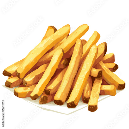 Fresh French fries Roasted potato chips wedges fried in deep fat fry oil potatoes Yellow sticks, isolated on white background. Fast Food. Unhealthy tasty food