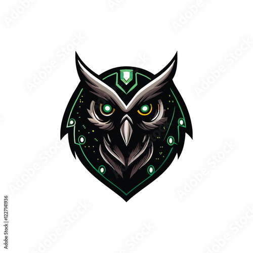 Design a striking logo featuring an owl's head, emphasizing sharp, piercing eyes.  Incorporate a subtle tech element (circuitry or similar).