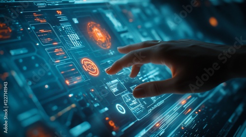 Futuristic Interface Hand interacts with a holographic display, showcasing data analysis in a dark tech environment, ideal for science fiction visuals