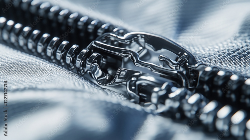 Close-up zipper detail on fabric, macro photography, blurred background, textile design Close-up zipper detail on fabric, macro photography, blurred background, textile design