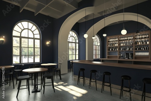 Modern cafe interior  arched windows  sunlight  bar  tables