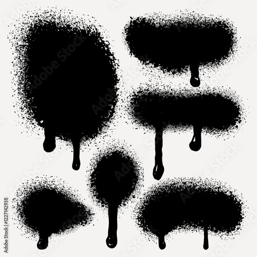 Set of graffiti spray painted lines black ink splatters isolated on white background. Collection of painted spray elements. Grunge graffiti painted borders, shapes, dirty splatter street art strokes.