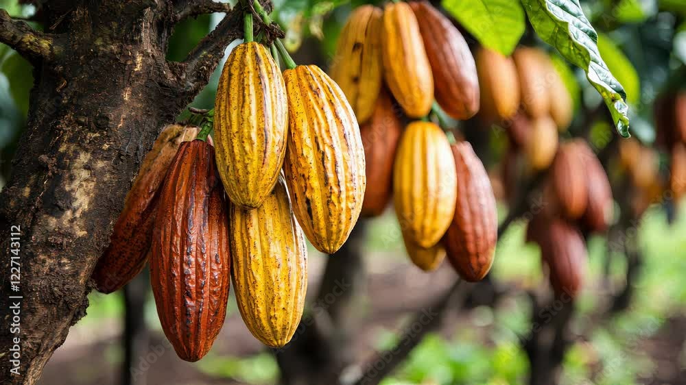 A bunch of brown and yellow cacao pods hanging from a tree	
