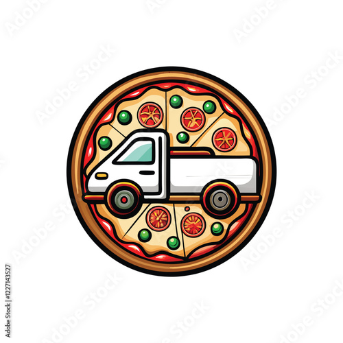 Design a logo a pizza slice with a delivery truck icon inside, representing fast pizza delivery.