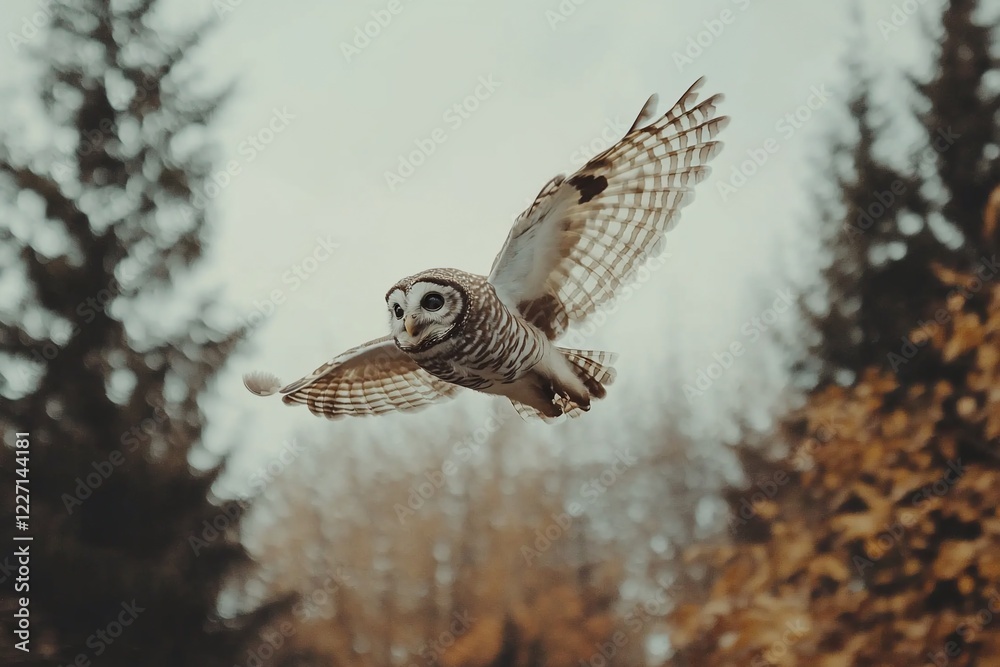 Fototapeta premium A majestic owl in mid-flight gliding through a forest with autumn foliage in the background