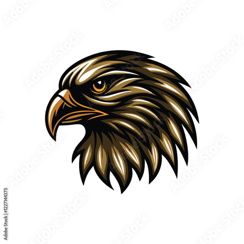 A majestic hawk's head, rendered with metallic, iridescent feathers, in a regal pose, capturing its fierce gaze.