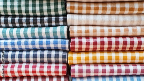 Stack of neatly pressed gingham fabric squares in a variety of colors.