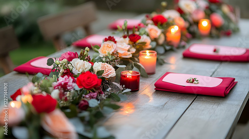 Romantic Valentine Day outdoor dining table with floral decorations, tea candles and red and pink napkins photo