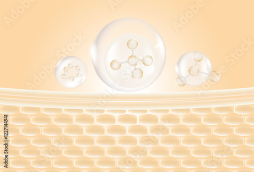 Gold collagen serum bubbles. Cosmetic essence. Concept skincare cosmetics solution. Vector illustration