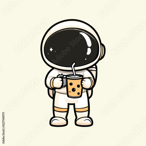 Cute astronaut holding a boba milk tea Cartoon Vector Icon Illustration