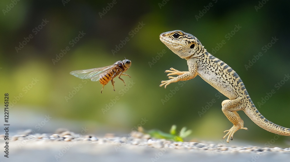 Fototapeta premium Lizard catching bee, outdoors, blurred background, nature