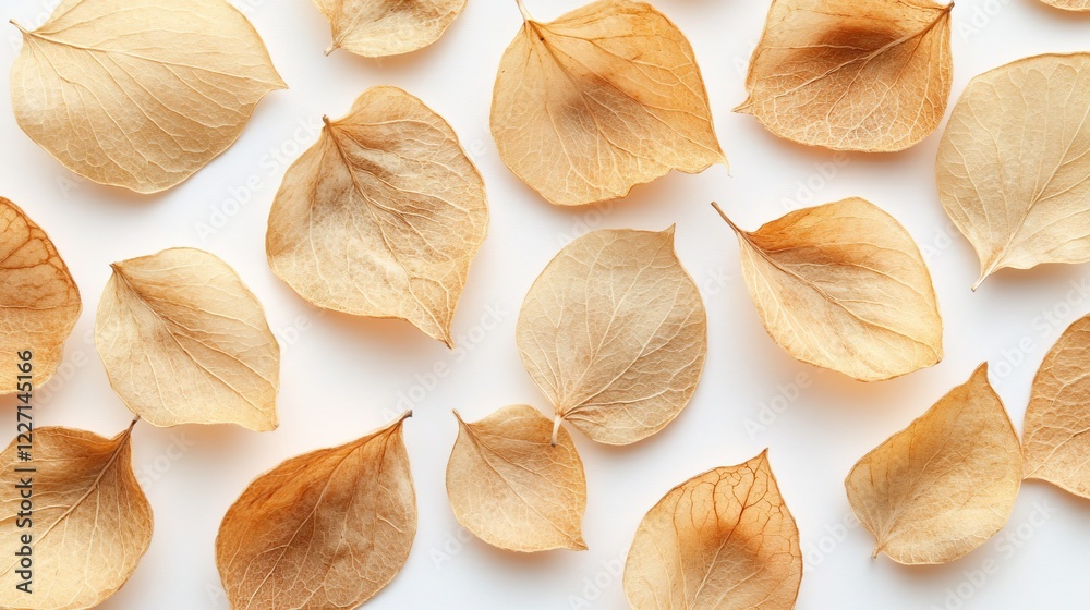 Fototapeta premium Dried leaves arranged on white background, autumnal flatlay, nature texture, craft design