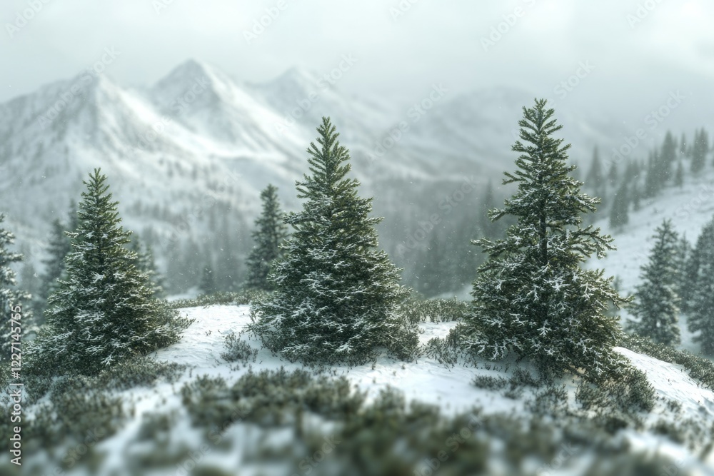 Fototapeta premium A tranquil winter scene featuring a cluster of pine trees blanketed in snow atop a mountain.