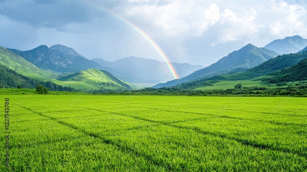 Obraz premium Vibrant rainbow over green valley, mountain landscape. Nature scene, idyllic postcard