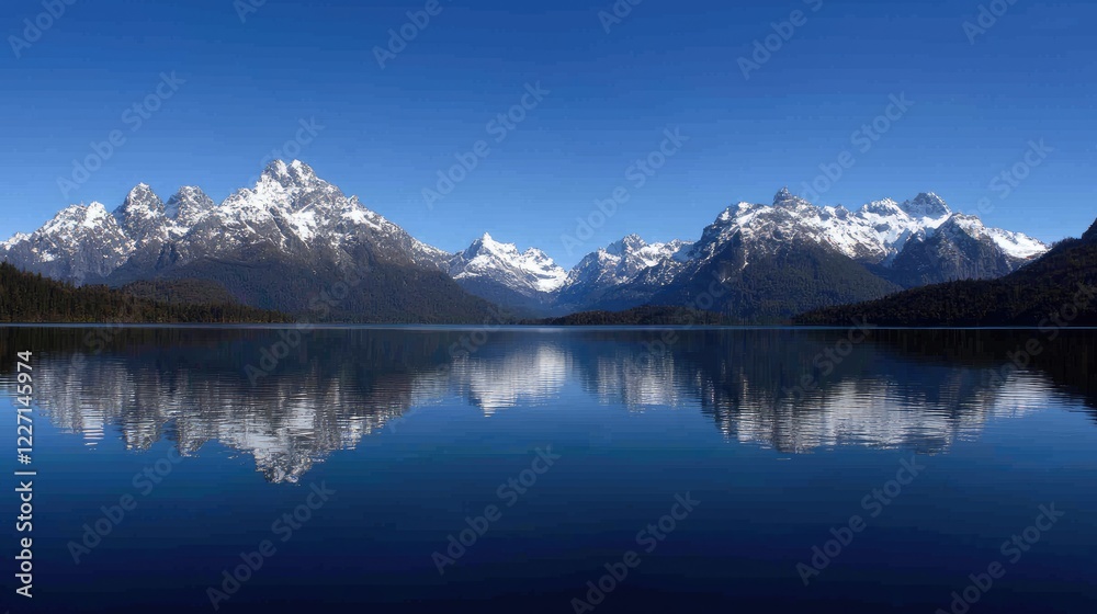 Snow-capped mountains reflected in a calm lake under a clear blue sky Snow-capped mountains reflected in a calm lake under a clear blue sky