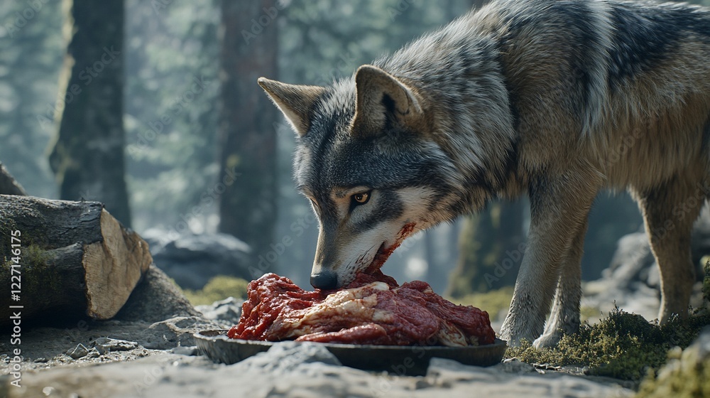 Obraz premium Wolf eating raw meat in misty forest, campfire background, wildlife documentary