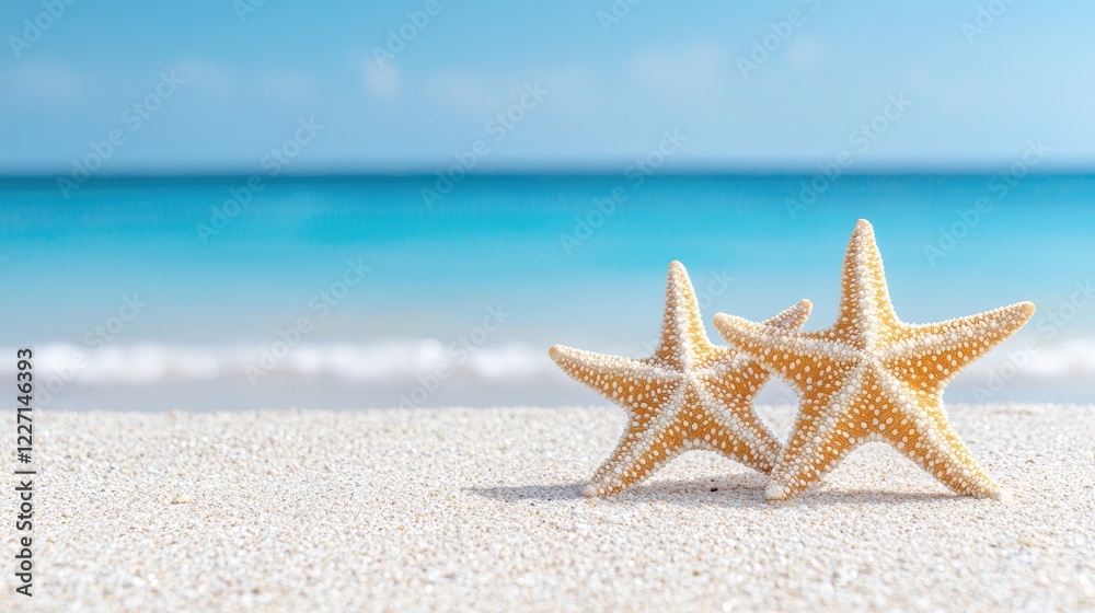 Two starfish on sandy beach, turquoise ocean background; summer vacation Two starfish on sandy beach, turquoise ocean background; summer vacation