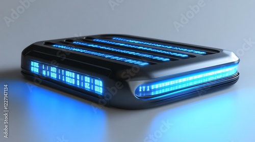 Futuristic power bank charging, studio, glowing blue photo