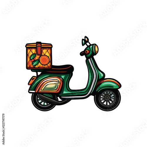 A vibrant image of a delivery scooter with a large, insulated food delivery bag securely fastened to the rear, emphasizing the efficient food delivery service.