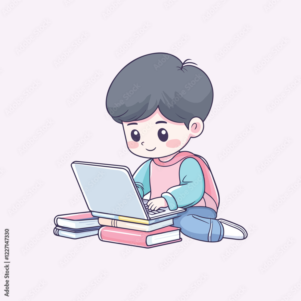 Cute boy working on laptop Cartoon Vector Icon Illustration Cute boy working on laptop Cartoon Vector Icon Illustration