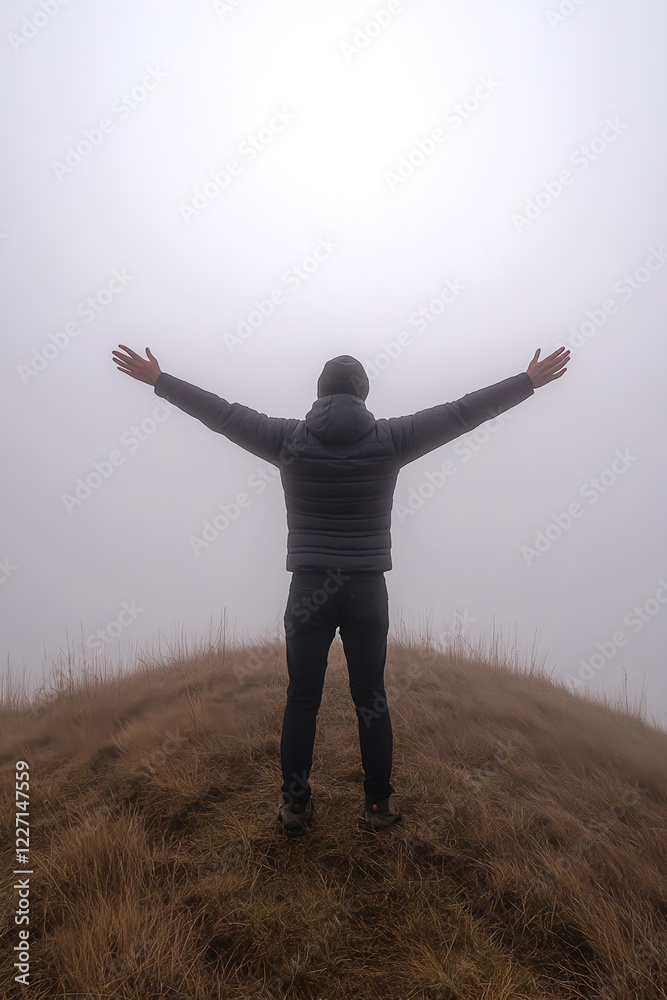 A man stands atop a hill, his arms raised in joy, surrounded by fog and mist. The background is dark, but light shines through from above. He appears to be looking up at something. There are A man stands atop a hill, his arms raised in joy, surrounded by fog and mist. The background is dark, but light shines through from above. He appears to be looking up at something. There are