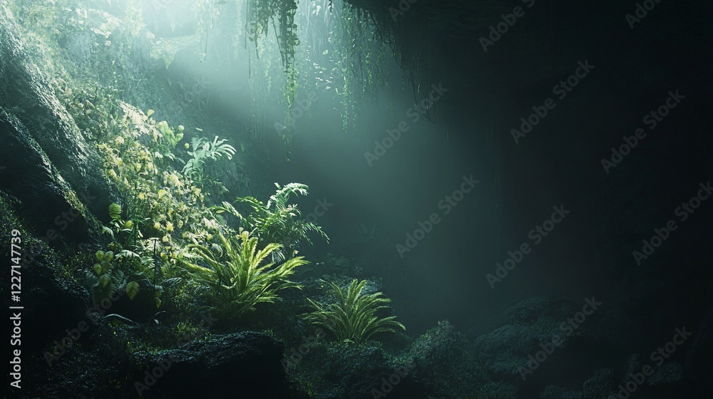 Obraz premium Sunbeam illuminates lush cave ferns, misty depths