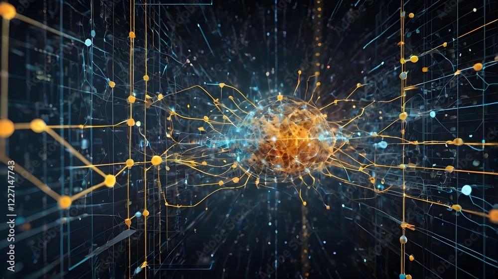 Obraz premium Futuristic big data technology and AI neural network illustration.