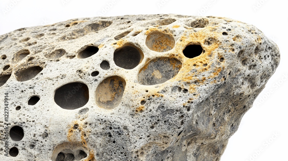 Porous seaside rock texture detail, isolated, white background, geological formation Porous seaside rock texture detail, isolated, white background, geological formation