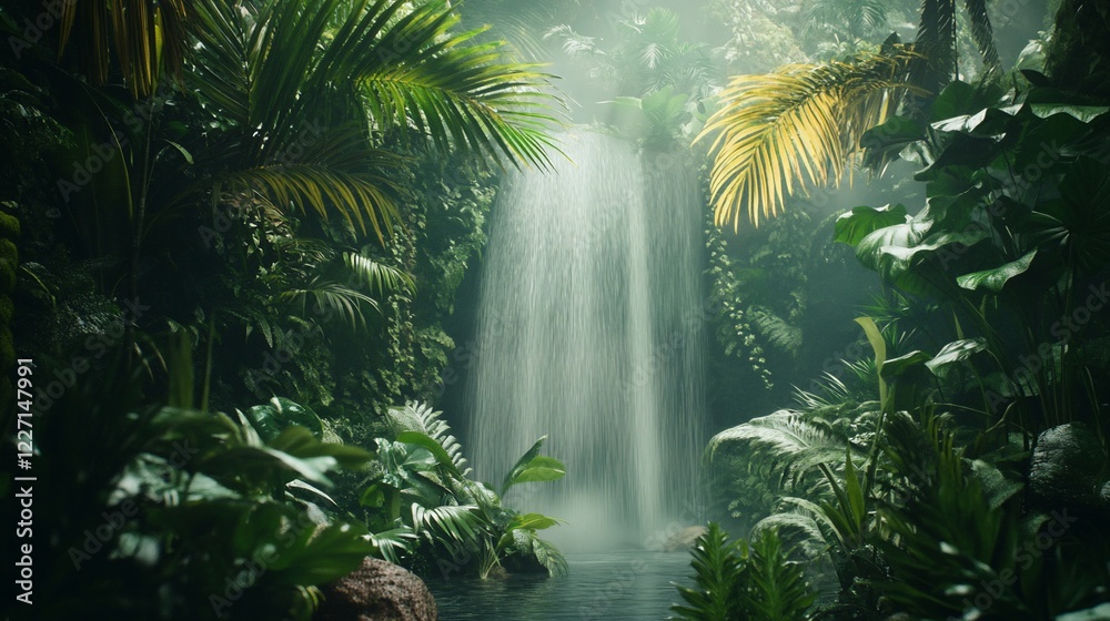 Obraz premium Lush indoor jungle waterfall mist serenity spa