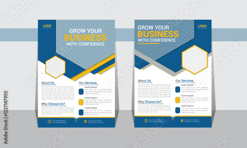 Modern flyer design for advertising promotion and growth company. abstract flat flyer design. Navy blue black and yellow color flyers. creative unique nice clean design. Half-page A4 flyer free mocku