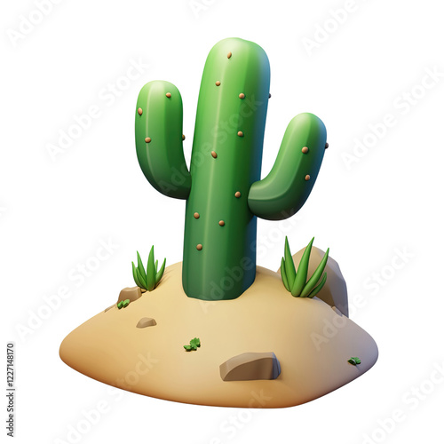 Adorable 3D Render of a Saguaro Cactus in Desert Landscape Cartoon Style