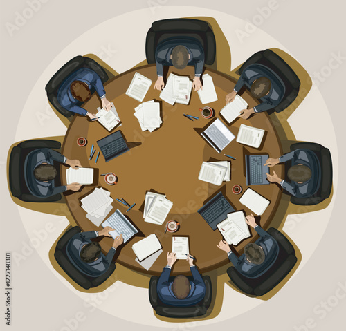 collegues bussines man sitting by big round table full of documents messy workplace conference meeting boss room lawyers, stock business company team illustration