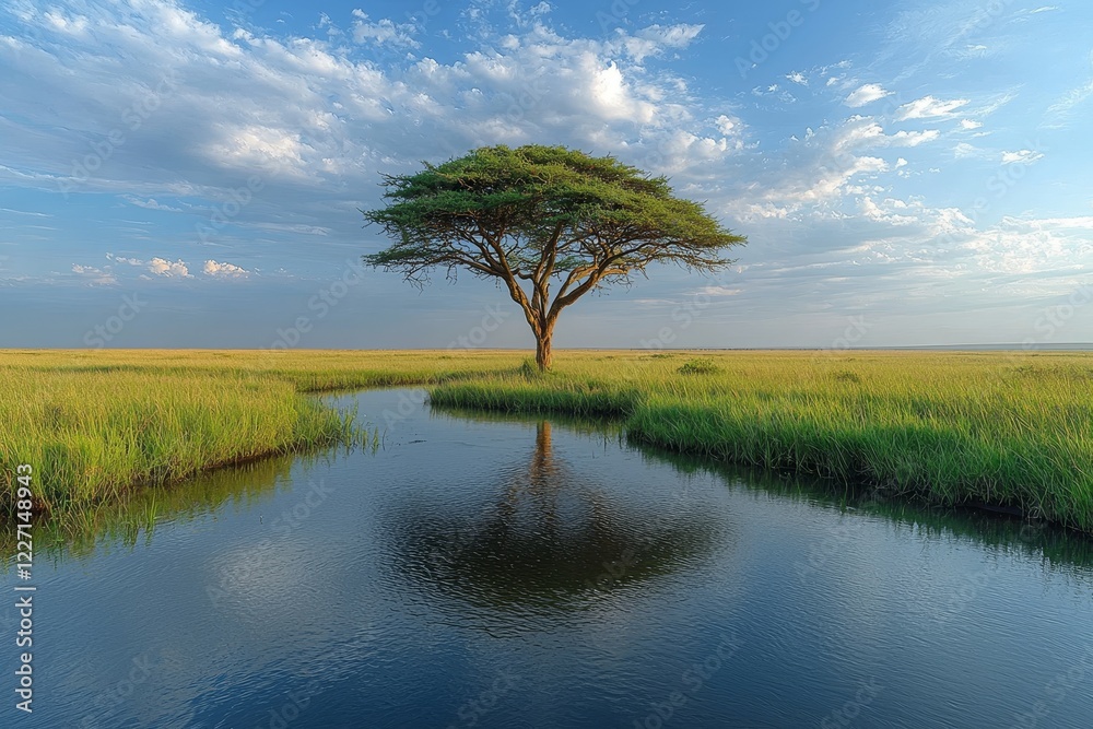 A single tree stands near a lake, surrounded by lush grass, with beautiful clouds in the background in the National Park of Serengeti, Tanzania A single tree stands near a lake, surrounded by lush grass, with beautiful clouds in the background in the National Park of Serengeti, Tanzania