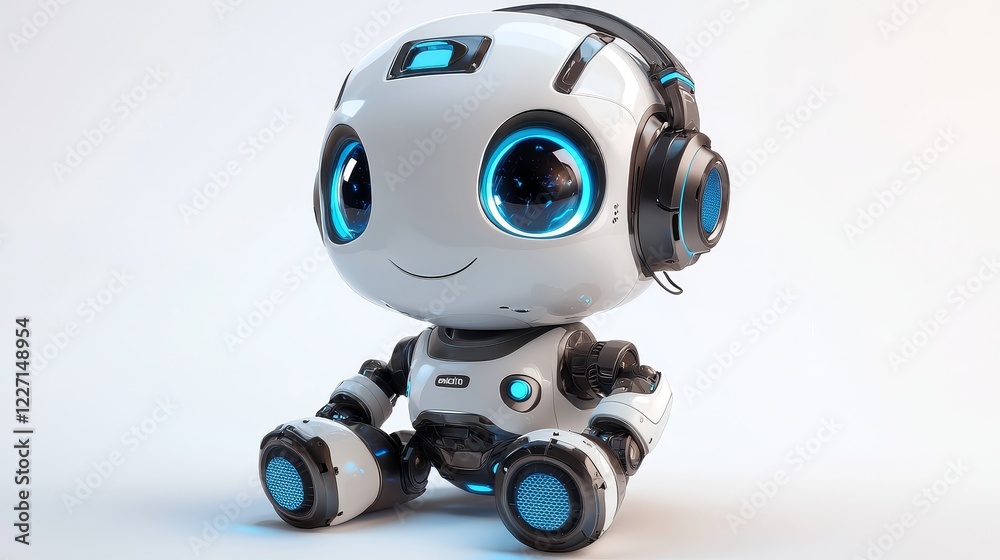 3D Bot aids customers online with business technology showcased on a white background. Stock image. All interactions managed by the bot 3D Bot aids customers online with business technology showcased on a white background. Stock image. All interactions managed by the bot