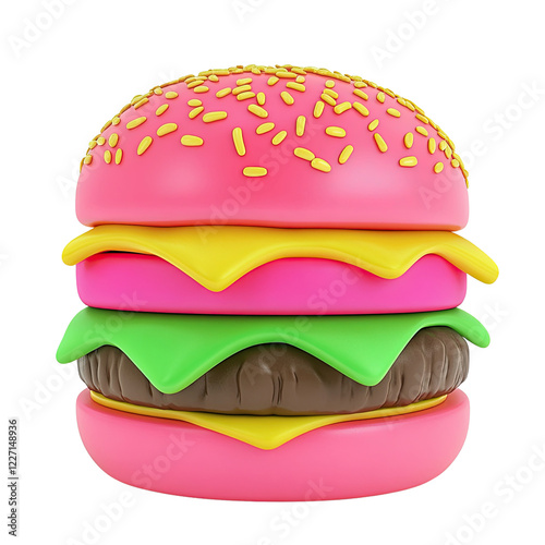 Delicious Cartoon Style Pink Burger with Cheese Lettuce Sesame Bun