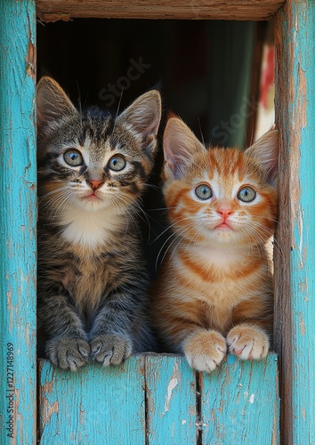 A group of curious kittens looking out from an ancient blue wooden window shutter in Greece