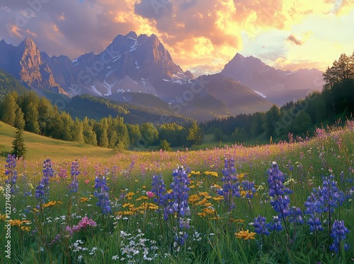 In early morning light, a mountain valley reveals its stunning summer scenery