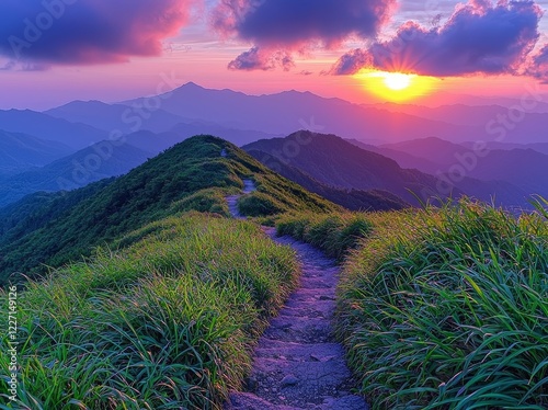 Mountain valley bathed in the first light of sunrise, a serene summer landscape