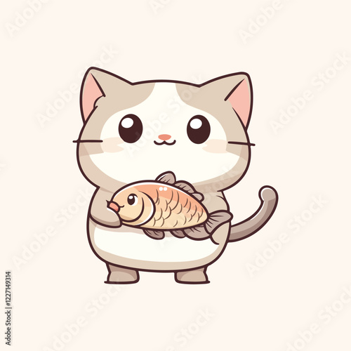 Cute cat holding a fish Cartoon Vector Icon Illustration