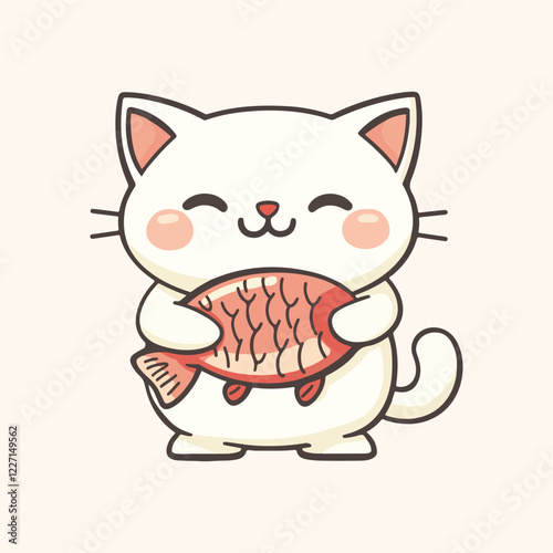 Cute cat holding a fish Cartoon Vector Icon Illustration